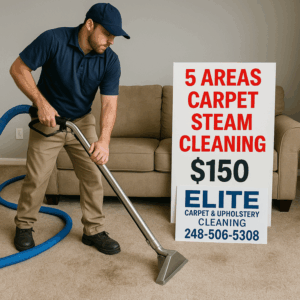 Professional steam cleaning promo: 5 areas carpet steam cleaned for $150 by Elite Carpet & Upholstery Cleaning in Michigan, with business contact details.