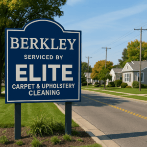 A customized welcome sign for Berkley, Michigan featuring the phrase “Serviced by Elite Carpet & Upholstery Cleaning.”