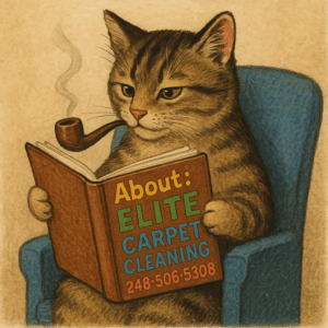 Illustration of a tabby cat reading a book that says Elite Carpet Cleaning 248-506-5308
