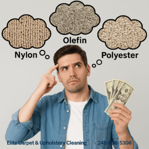 A confused man holding money stands in front of various carpet types, symbolizing the challenge of carpet buying decisions. Small text reads “Elite Carpet & Upholstery Cleaning – 248-506-5308.”