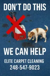 Small dog peeing on stained blue carpet next to rental carpet cleaner with red X — DIY carpet cleaning fail. Elite Carpet & Upholstery Cleaning in Michigan can help