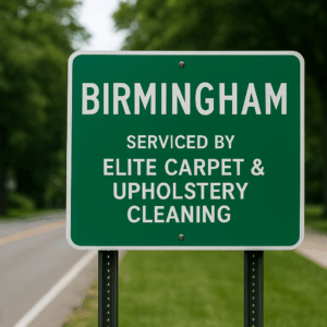 Green Birmingham, Michigan welcome sign with 'Serviced by Elite Carpet & Upholstery Cleaning' — Birmingham carpet cleaning service area.