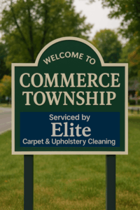 Welcome to Commerce Township, Michigan sign image with 'Serviced by Elite Carpet & Upholstery Cleaning' — local steam carpet cleaning service.