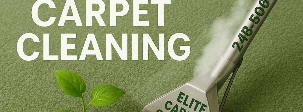 Green carpet steam cleaning in Michigan by Elite Carpet & Upholstery Cleaning – eco-friendly service with professional steam wand and visible steam.