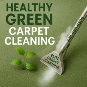 Green carpet steam cleaning in Michigan by Elite Carpet & Upholstery Cleaning – eco-friendly service with professional steam wand and visible steam.