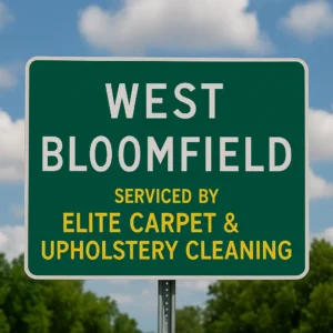A stylized welcome sign for West Bloomfield, Michigan featuring the phrase “Serviced by Elite Carpet & Upholstery Cleaning.” This image represents the company’s commitment to delivering high-quality steam carpet cleaning services to residents and businesses in the West Bloomfield area.