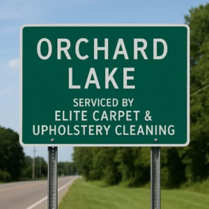 A customized welcome sign for Orchard Lake, Michigan featuring the phrase “Serviced by Elite Carpet & Upholstery Cleaning.” This image signifies the company’s professional steam carpet cleaning services offered to residents and businesses in the Orchard Lake community.