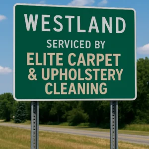 A personalized welcome sign for Westland, Michigan displaying the phrase “Serviced by Elite Carpet & Upholstery Cleaning.”