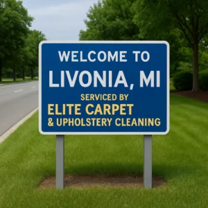 A digitally enhanced welcome sign for Livonia, Michigan featuring the text “Serviced by Elite Carpet & Upholstery Cleaning.” This image highlights the availability of expert steam carpet cleaning services for both residential and commercial properties in the Livonia area.