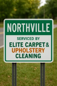 A digitally enhanced welcome sign for Northville, Michigan displaying the text “Serviced by Elite Carpet & Upholstery Cleaning.” This image reflects the company’s professional steam carpet cleaning services available to homeowners and businesses in the Northville area.