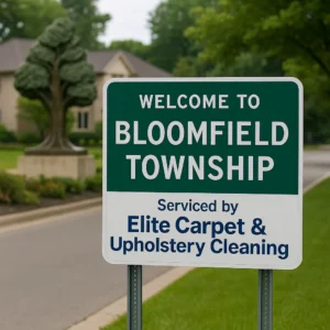 Bloomfield Township, Michigan welcome sign customized with “Serviced by Elite Carpet & Upholstery Cleaning” — local steam carpet cleaning service