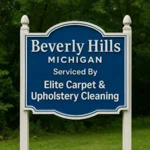 Beverly Hills, Michigan welcome sign serviced by Elite Carpet & Upholstery Cleaning for steam carpet cleaning and upholstery services.