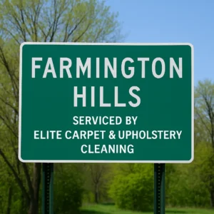 Farmington Hills welcome sign with 'Serviced by Elite Carpet & Upholstery Cleaning' overlay.