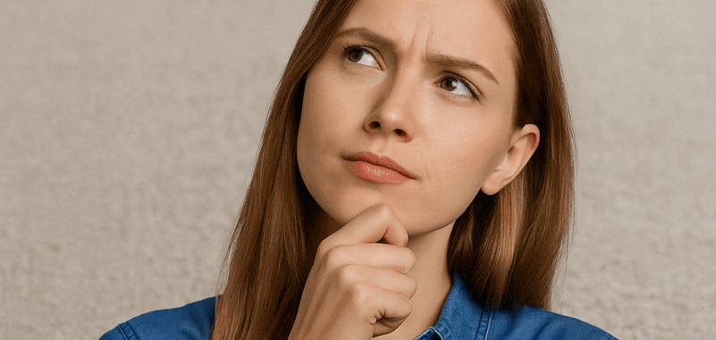 A woman thinking about professional carpet steam cleaning in Michigan, with Elite Carpet & Upholstery Cleaning contact details.