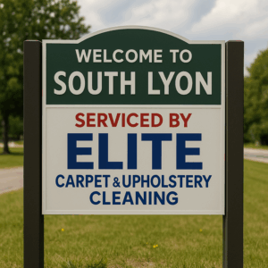A professionally styled “Welcome to South Lyon” sign with the phrase “Serviced by Elite Carpet & Upholstery Cleaning” in bold red and blue text. This image highlights Elite’s trusted steam carpet cleaning services for homes and businesses in South Lyon, Michigan.