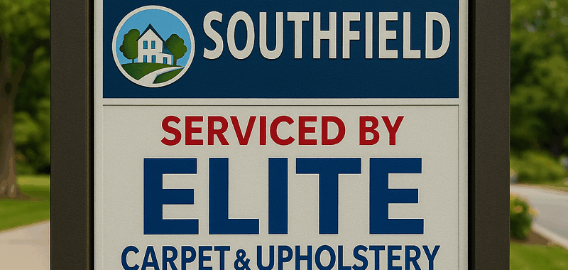 A welcoming “Welcome to Southfield” sign featuring the phrase “Serviced by Elite Carpet & Upholstery Cleaning” in prominent red and blue text. Set in a scenic suburban landscape, this image promotes Elite’s expert steam carpet cleaning services available throughout Southfield, Michigan.