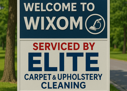 A clean and professional “Welcome to Wixom” sign featuring the phrase “Serviced by Elite Carpet & Upholstery Cleaning” in bold red and blue. Set along a tree-lined suburban road, this image promotes Elite’s expert steam carpet cleaning services available throughout Wixom, Michigan.