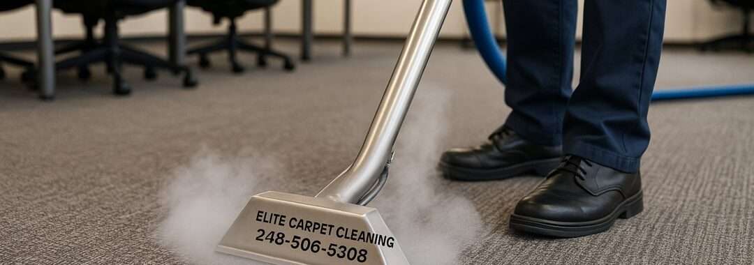 Elite Carpet & Upholstery Cleaning technician performing commercial carpet steam cleaning in a Michigan office setting with visible steam and professional equipment.