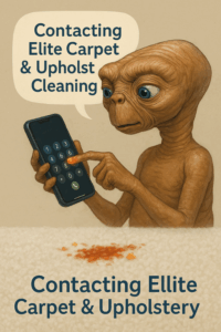A realistic-style E.T. dials a cell phone with his glowing finger, saying "Contacting Elite Carpet & Upholstery Cleaning." A white carpet with a messy food spill sits beneath him