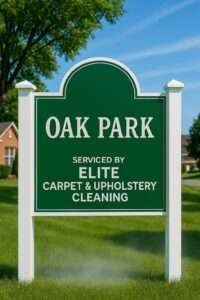 Oak Park, Michigan welcome sign with Elite Carpet & Upholstery Cleaning service message