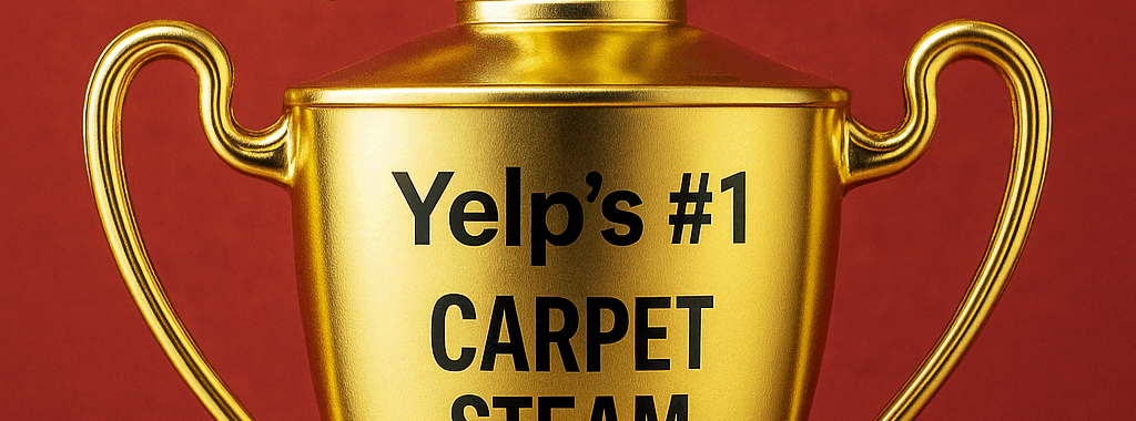 Golden trophy with a carpet cleaner figure on top, labeled 'Yelp’s #1 Carpet Steam Cleaning' — representing Elite Carpet & Upholstery Cleaning as Michigan’s top-rated service on Yelp