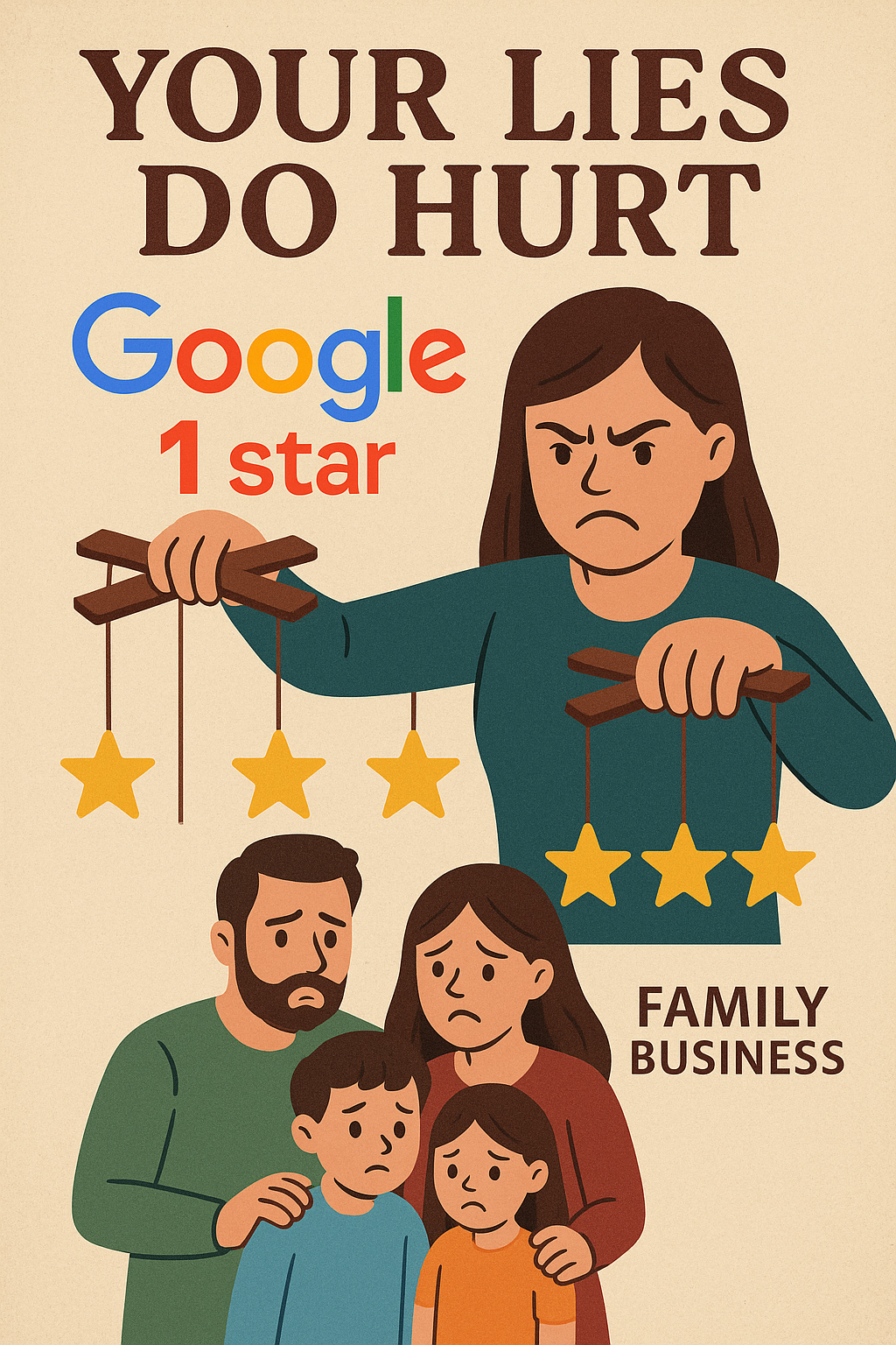 Illustration showing the impact of unfair Google 1-star reviews on small family businesses. A stern woman manipulates review stars like puppets while a worried family stands below. Caption reads: 'Your Lies Do Hurt' with Google 1 star highlighted."