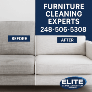 Before and after photo of a sofa cleaned by Elite Carpet & Upholstery Cleaning in Michigan, showing the dramatic transformation from dirty to spotless upholstery with phone number 248‑506‑5308 and company logo.