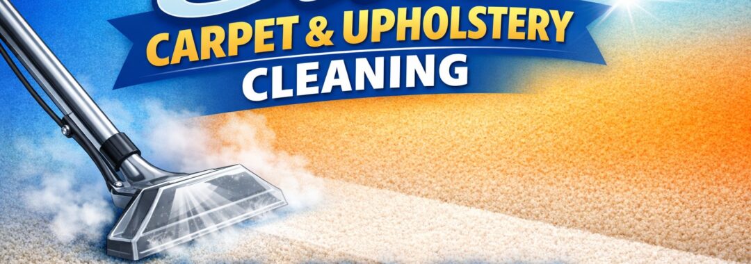 Elite Carpet & Upholstery Cleaning ad with carpet cleaning steam wand and phone number 248-506-5308 on a bright blue-and-orange backgroun