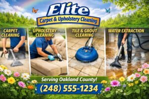 Spring cleaning services including carpet cleaning, furniture upholstery cleaning, tile and grout restoration, and flood water extraction performed in Oakland County Michigan homes.